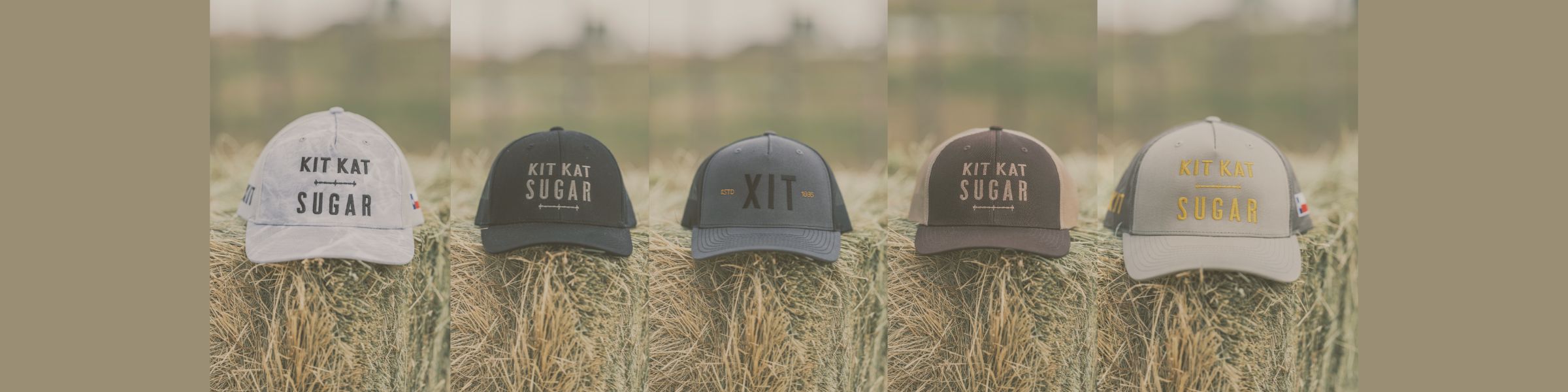 Brown Kit Kat Sugar ball cap sitting on a hay bale