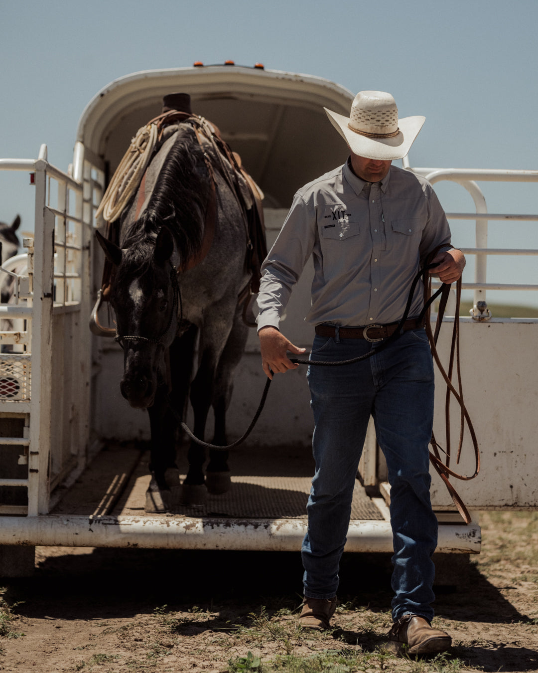 Photo of a cowboy wearing a long sleeve Schaefer button up shirt unloading his saddled, blue roan horse off of a white pipe horse trailer