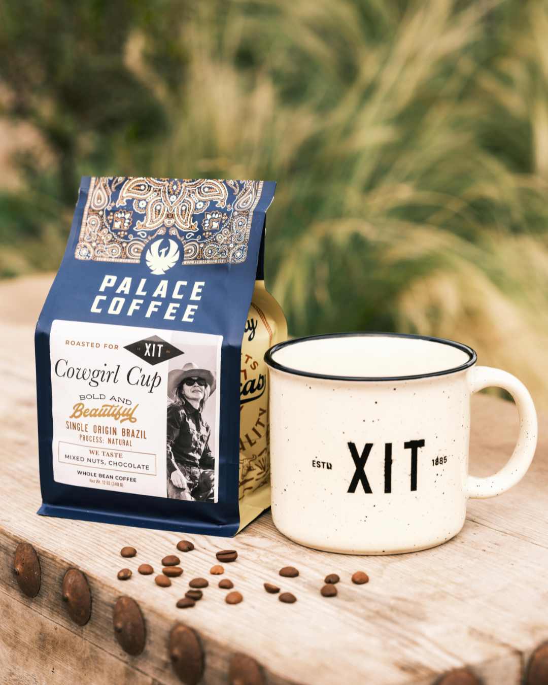 Palace Coffee XIT cowgirl cup packaging with a mug on a wooden surface