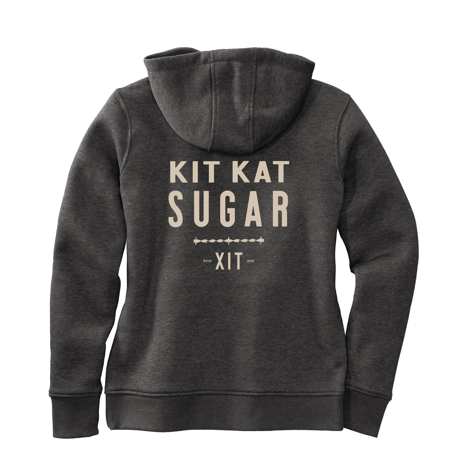 Women's gray hoodie with 'KIT KAT SUGAR XIT' printed on the back