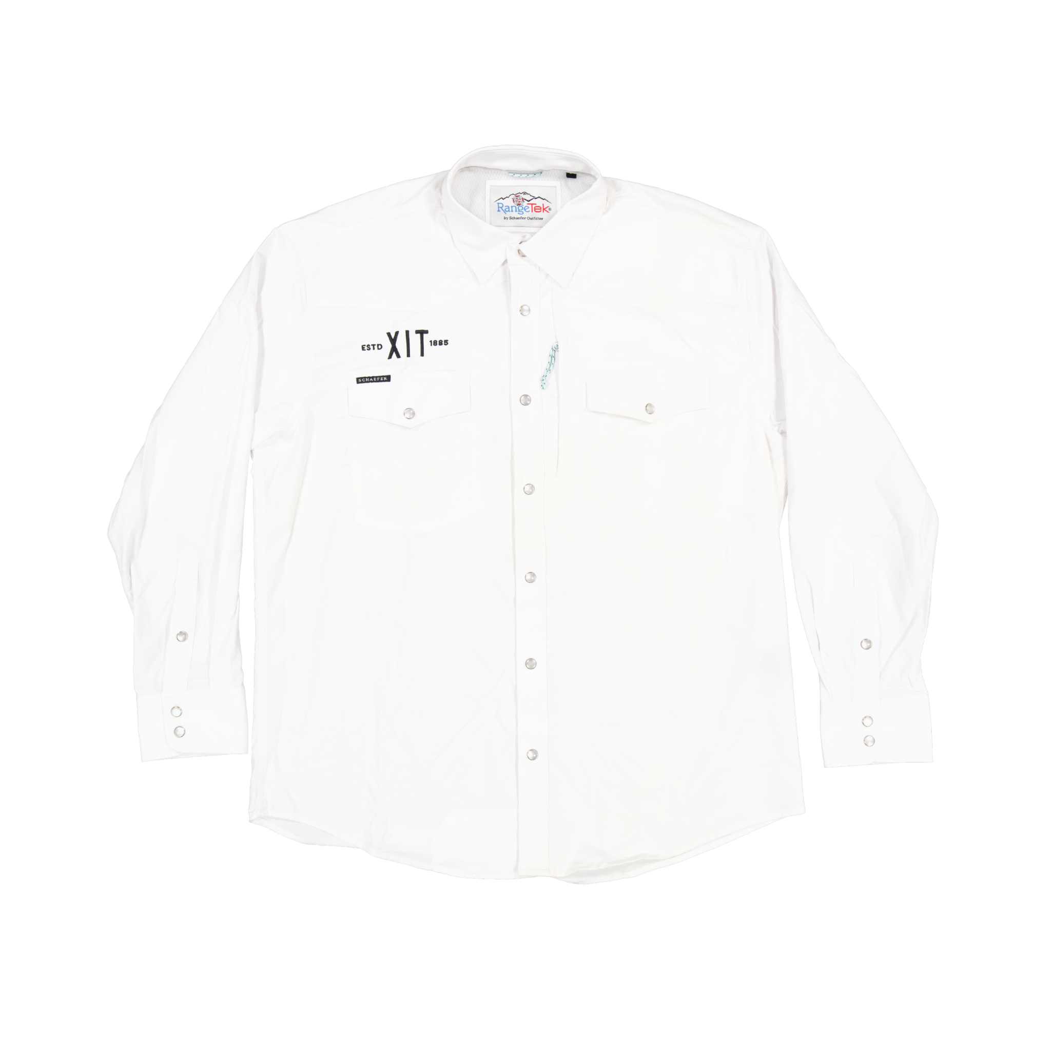 White Schaefer RangeTek Western Long Sleeve with black XIT logo on right chest