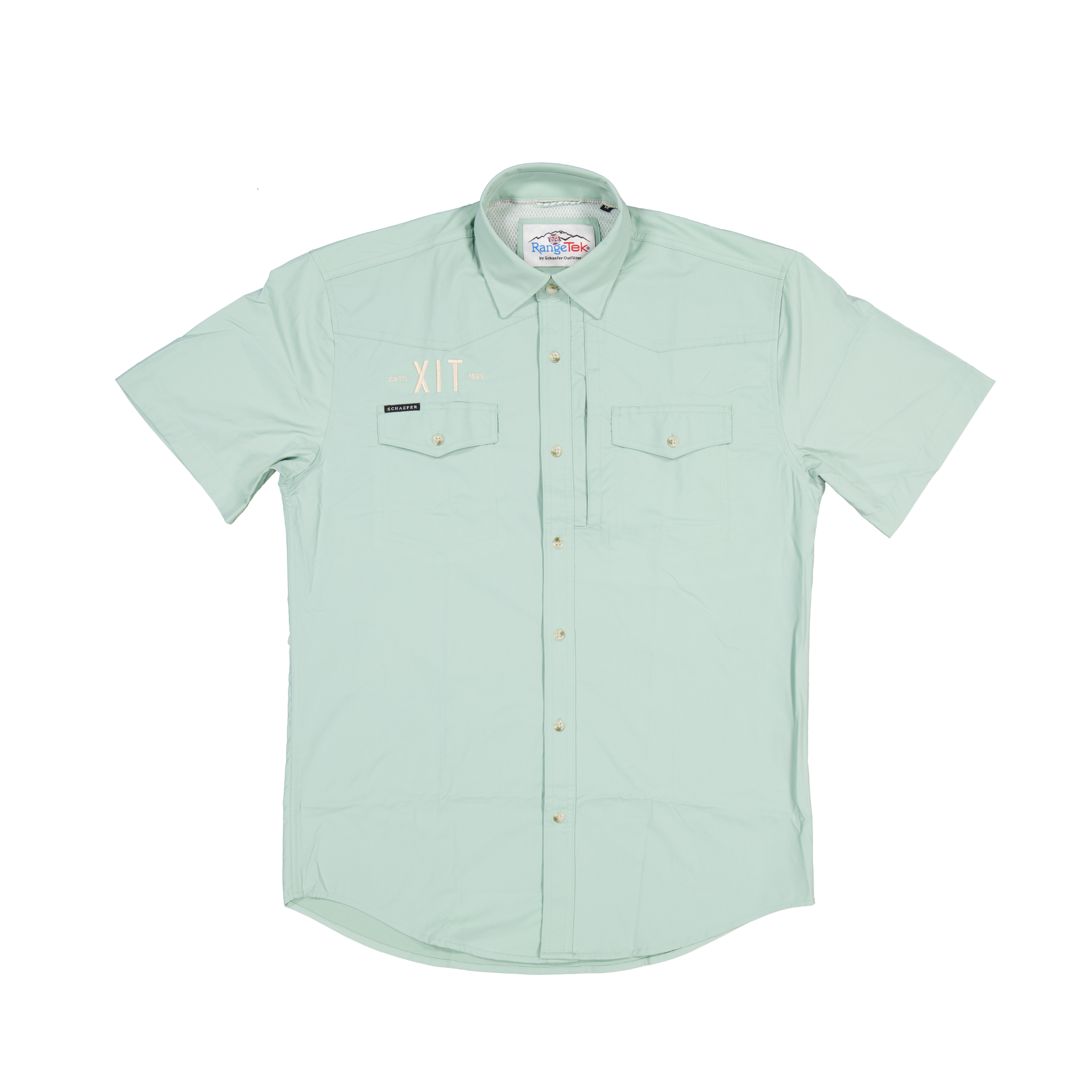 The front of a Schaefer RangeTek Western Short Sleeve in color pale green with XIT logo embroidered in cream thread on right chest on a transparent background