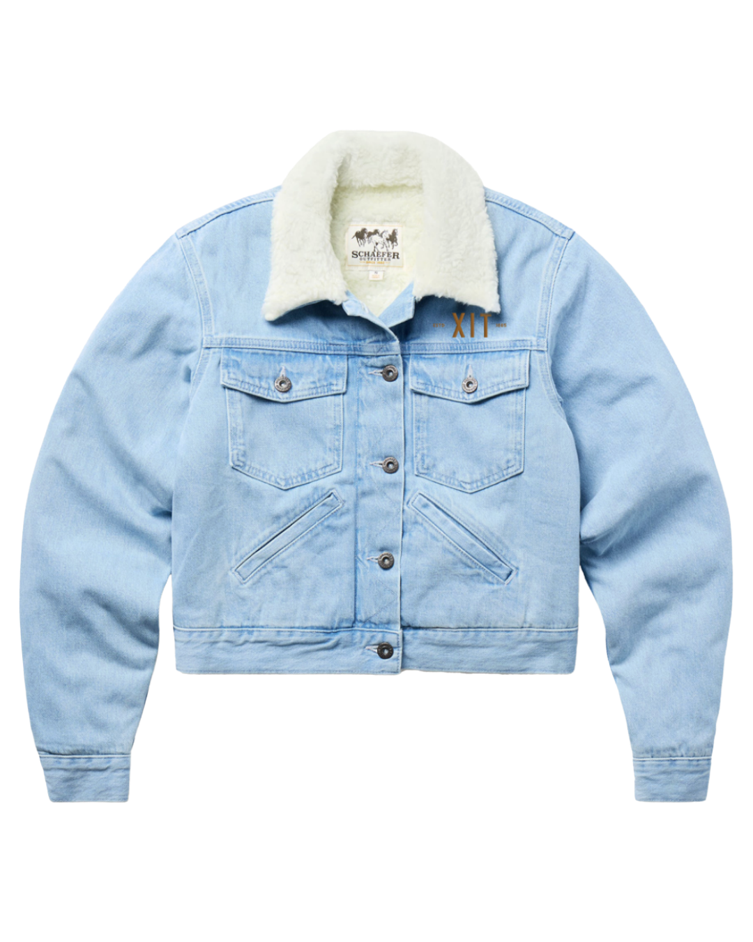 Light blue denim jacket with cream sherpa lining on a white background